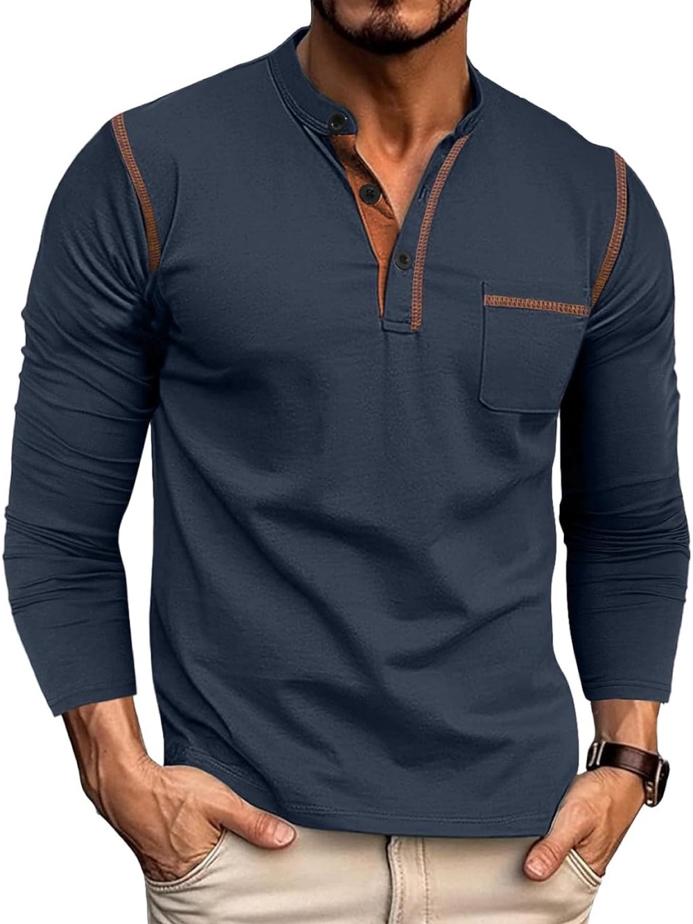 Men's Navy Long-Sleeve Henley with Contrast Trim